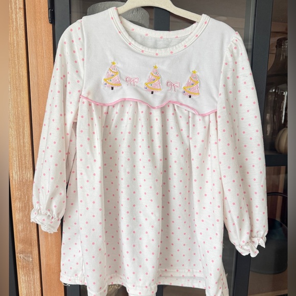 Christmas trees bows pink dress top polka dots embroidered long sleeve toddler - Picture 1 of 9